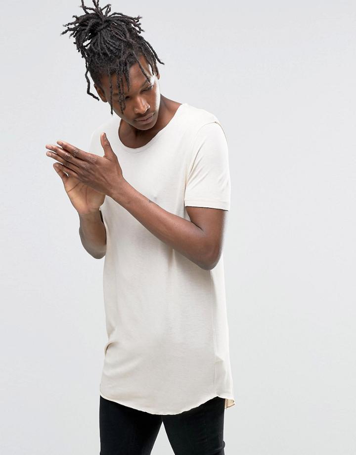 Asos Super Longline T-shirt With Raw Asymmetric Hem And Scoop Neck In Drape Fabric - Stone