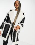 Topshop Faux Shearling Mid Length Jacket With Faux Fur Details In Black