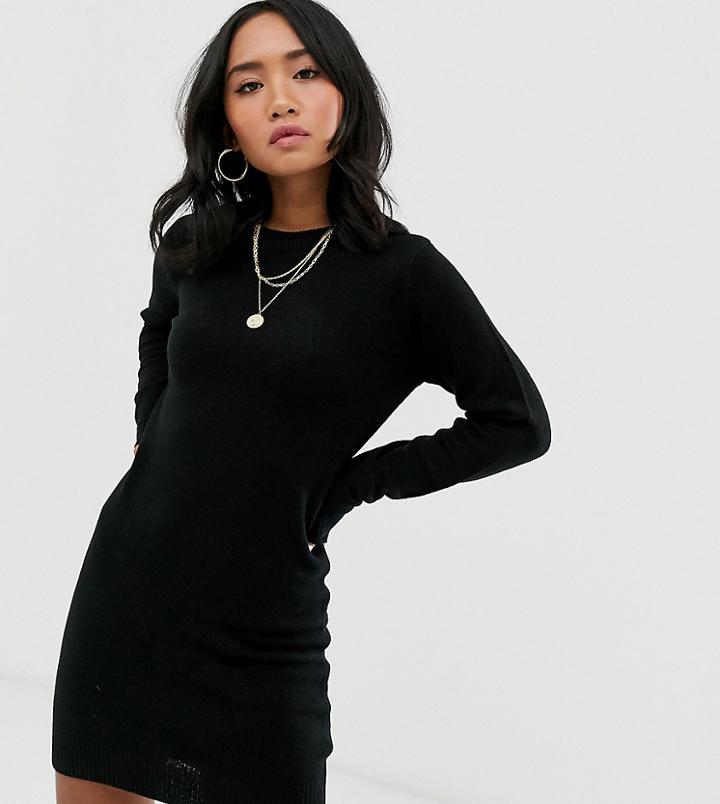 Brave Soul Petite Grungy Round Neck Sweater Dress - Black