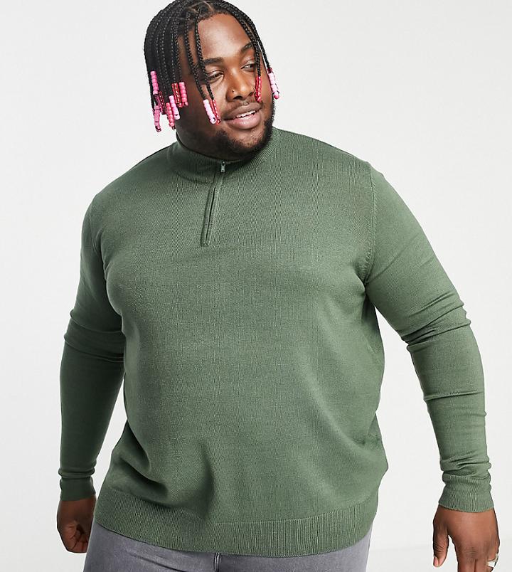 Threadbare Plus Soft Touch Quarter Zip Funnel Neck Sweater In Thyme-green