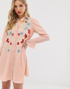 Asos Design Embroidered Swing Mini Shirt Dress - Pink