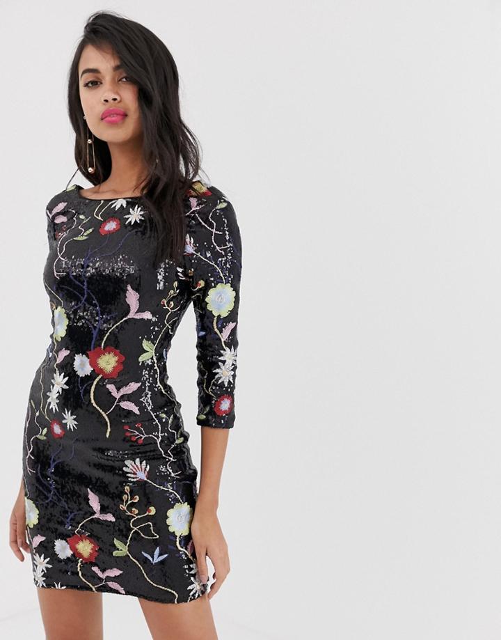 Little Mistress Floral Long Sleeve Pencil Dress-multi