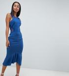 Asos Design Tall Scuba Lace Insert Pephem Midi Dress-blue