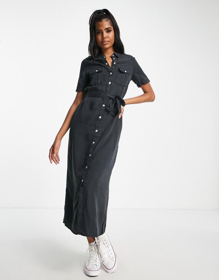 Noisy May Short Sleeve Button Front Midi Dress In Black