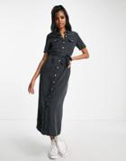 Noisy May Short Sleeve Button Front Midi Dress In Black
