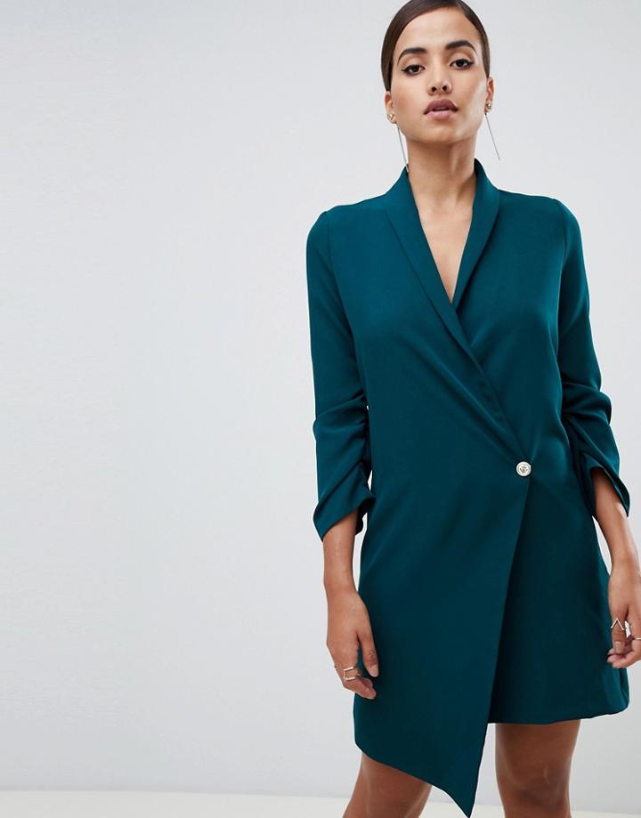 Vesper Ruched Sleeve Asymmetric Hem Tuxedo Dress In Green