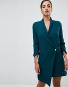Vesper Ruched Sleeve Asymmetric Hem Tuxedo Dress In Green