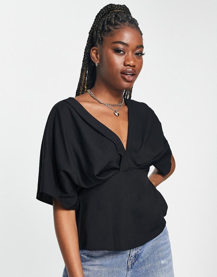 Asos Design Tuck Detail Kimono Smock Top In Black