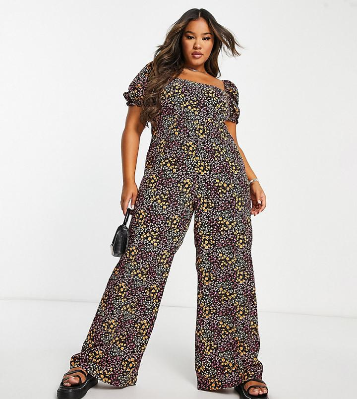 The Frolic Plus Square Neck Tea Jumpsuit In Ditsy Floral-multi