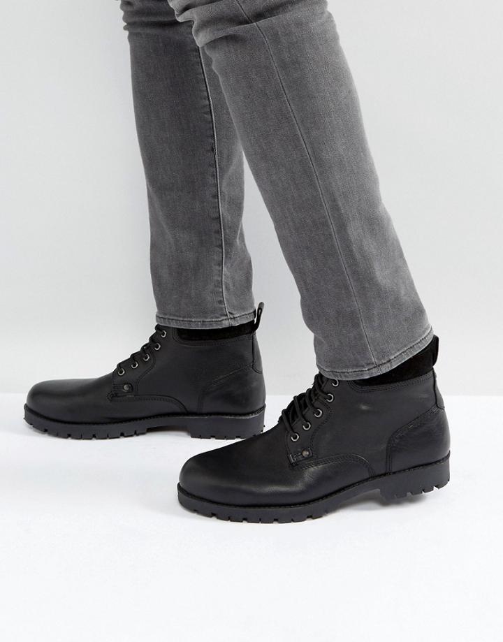 Asos Lace Up Worker Boots In Black Leather - Black