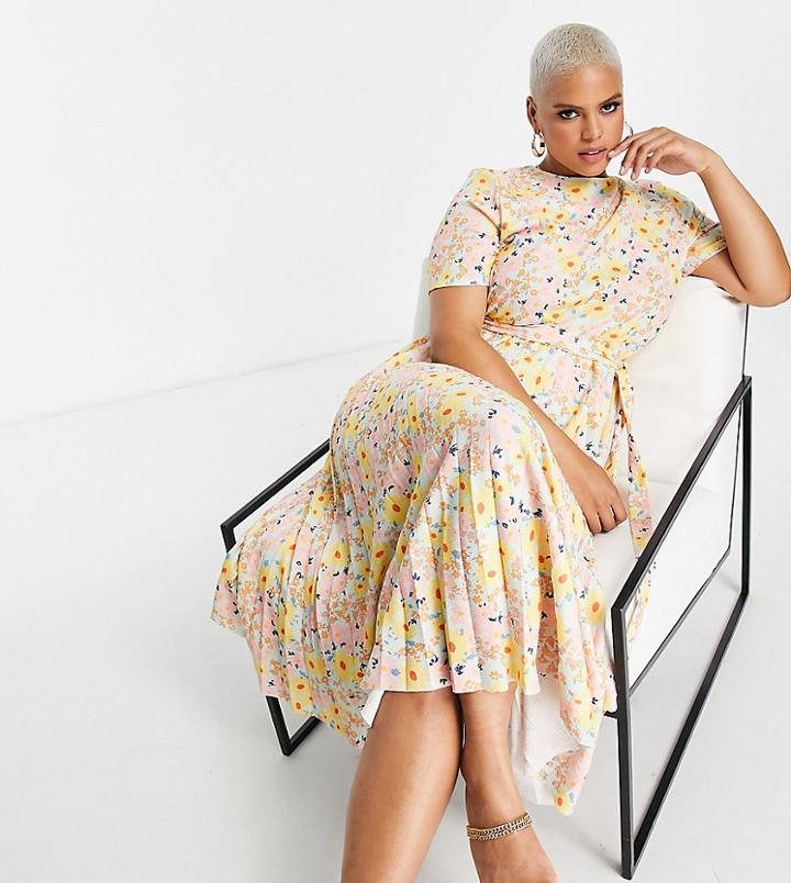 Asos Design Curve Pleated Midi Dress With Short Sleeves In Pastel Delicate Print-multi
