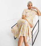 Asos Design Curve Pleated Midi Dress With Short Sleeves In Pastel Delicate Print-multi