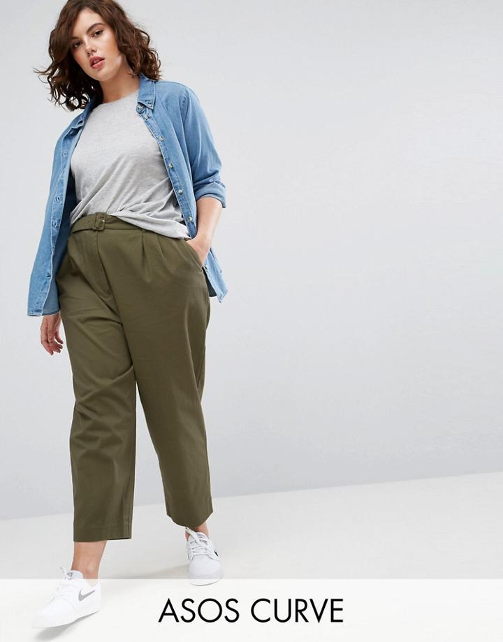 Asos Curve Tapered High Waist Chino Pants With Belt - Green