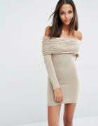 Michelle Keegan Loves Lipsy Off Shoulder Sweater Dress - Tan