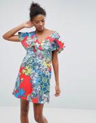 Asos Structured Ruffle Shift Dress In Floral And Tile Print - Multi