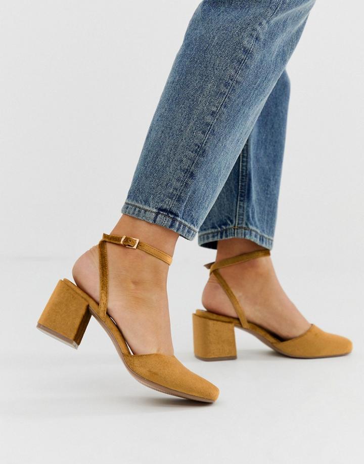 Asos Design Salvation Square Toe Block Heeled Mid Shoes In Rust Velvet-beige