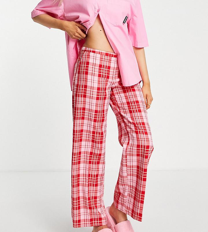 Collusion Recycled Polyester Low Rise Straight Leg Pants In Pink & Red Plaid-multi