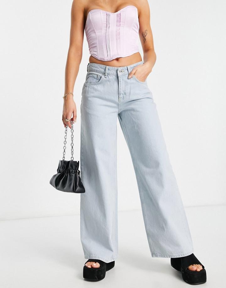 The Ragged Priest Low Rise Wide Leg Skater Jeans In Stone Wash Denim-blue