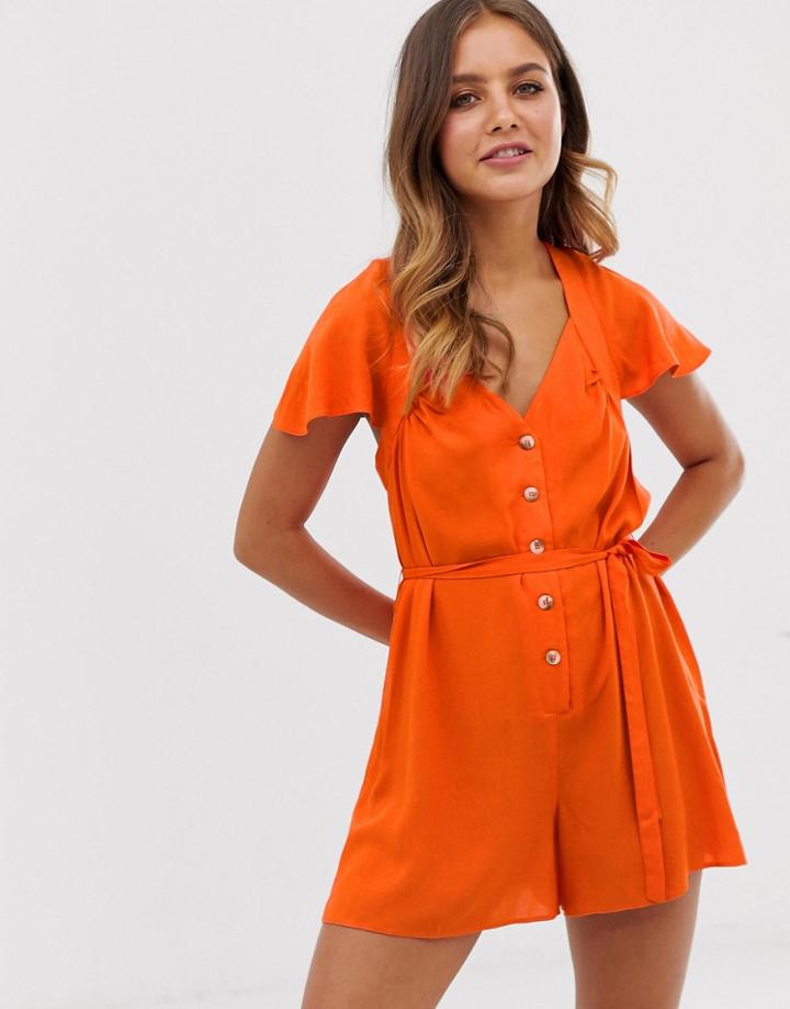 Asos Design Open Back Button Front Romper With Frill Sleeve And Tie Waist - Yellow