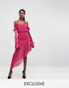 Dark Pink Dobbie Mesh Dress With Contrast Frill Sleeves And Sheer Asymmetric Hem - Pink