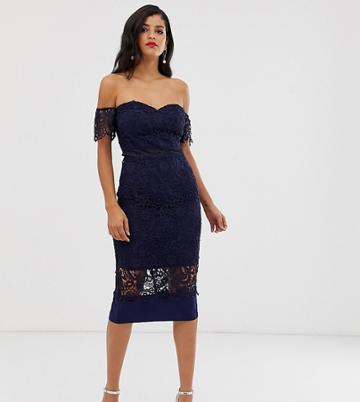 Chi Chi London Tall Bardot Lace Midi Dress In Navy - Navy