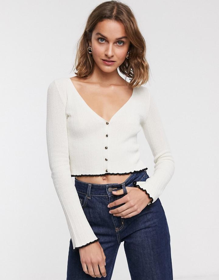 Asos Design Ribbed Cardigan With Contrast Trim-white
