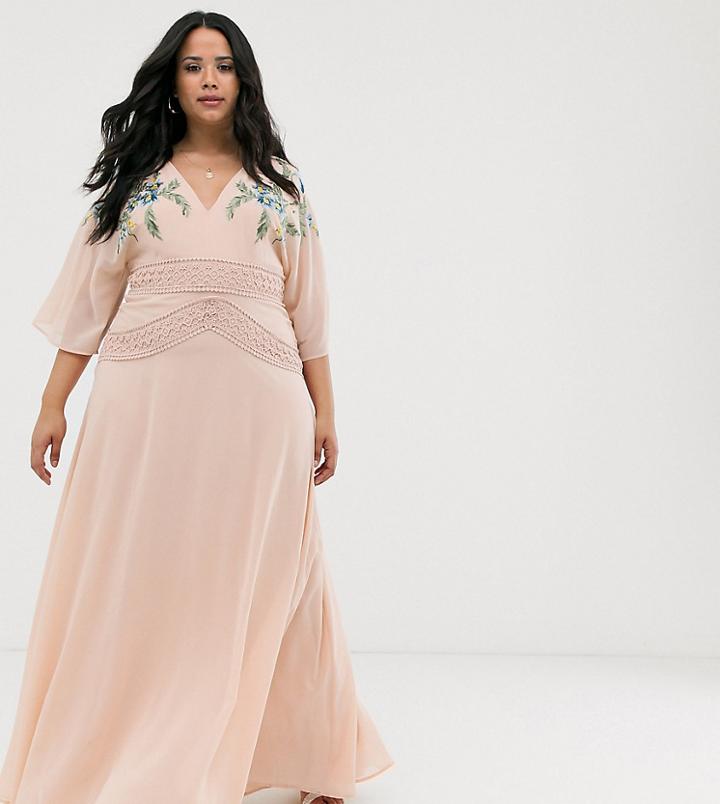 Asos Design Curve Short Sleeve Maxi Dress With Embroidered Bodice And Lace Waist Detail-multi