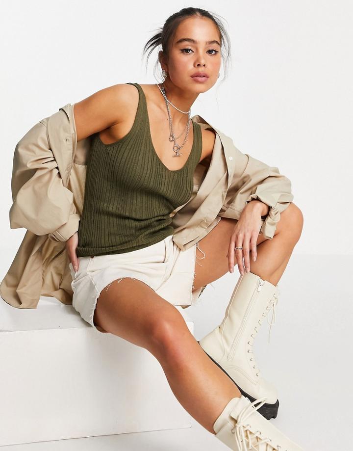 Only Rib Tank With Scoop Neck In Khaki-green
