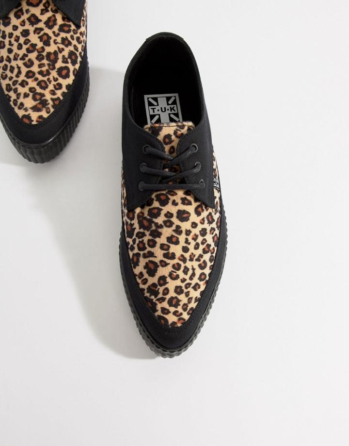 T.u.k Vegan Pointed Creeper Plimsolls With Leopard Print - Black