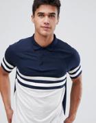 Asos Design Polo Shirt With Contrast Body And Sleeve Panels In Interest Fabric In Navy