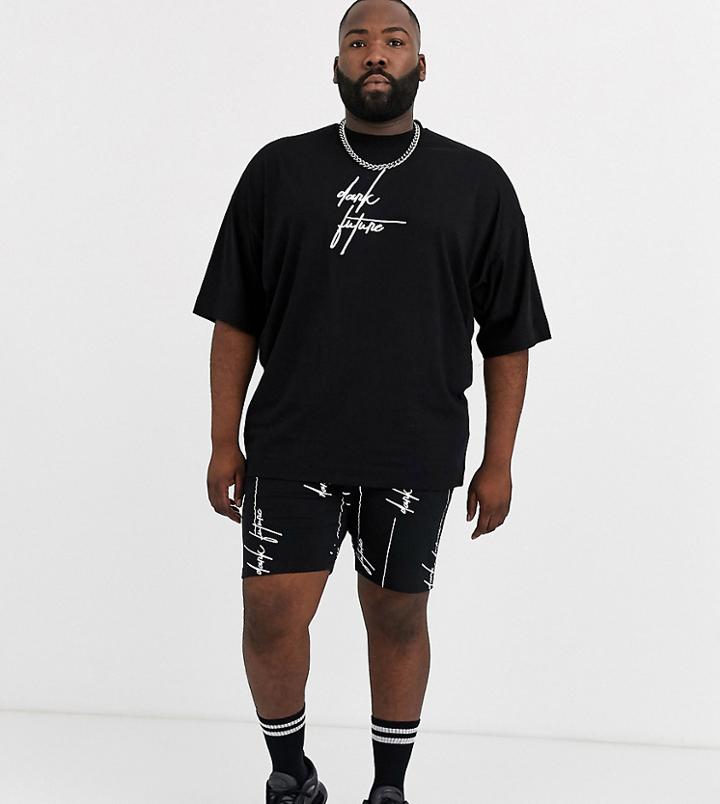 Asos Design Plus Dark Future Two-piece Skinny Shorts With All Over Text Print-black