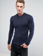 Asos Knitted Muscle Fit Bomber Jacket In Navy - Navy