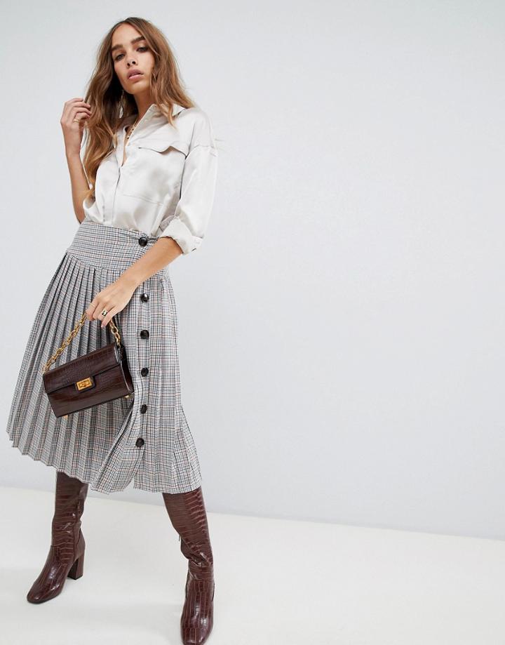 Neon Rose Pleated Midi Skirt With Button Side In Check - Beige