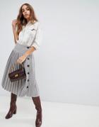 Neon Rose Pleated Midi Skirt With Button Side In Check - Beige