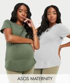 Asos Design Maternity Ultimate T-shirt With Crew Neck 2 Pack In Cotton Blend In Khaki & Gray-multi