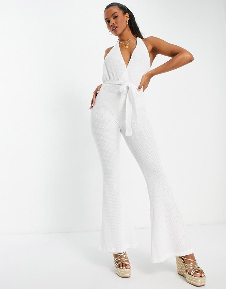 Asos Design Crochet Halter Jumpsuit With Flared Leg In White