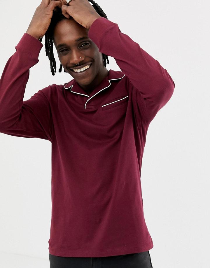 Asos Design Long Sleeve Revere Polo Shirt With Pocket And Tipping In Burgundy - Red