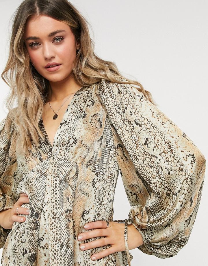 Object V Neck Blouse With Volume Sleeve In Animal Print-multi
