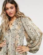 Object V Neck Blouse With Volume Sleeve In Animal Print-multi