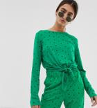 Monki Long Sleeve Tie Front Top In Green Triangle Polka Dots