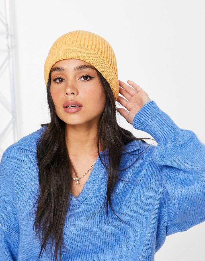 Asos Design Fisherman Rib Beanie Hat In Polyester In Washed Apricot - Peach-orange