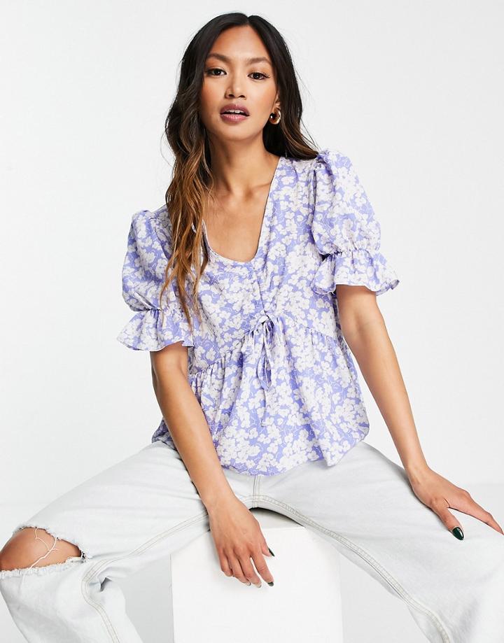 Asos Design Ruched Front Peplum Top With Puff Sleeves In Blue & White Playful Print-no Color