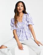 Asos Design Ruched Front Peplum Top With Puff Sleeves In Blue & White Playful Print-no Color