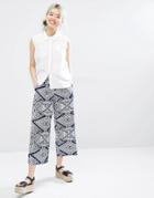Monki Printed Cropped Trouser - Blue Native Print
