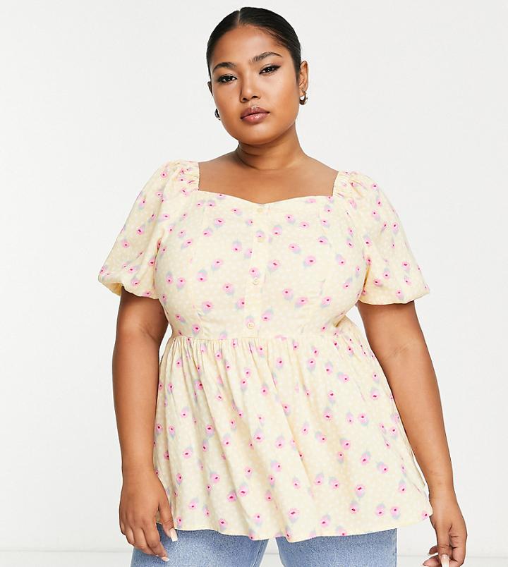 Simply Be Puff Sleeve Button Through Blouse In Yellow And Pink Floral-orange