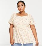 Simply Be Puff Sleeve Button Through Blouse In Yellow And Pink Floral-orange