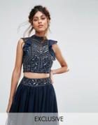 Lace & Beads Embellished Crop Top With Frill Sleeve - Navy