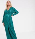 Asos Design Maternity Maxi Dress With Batwing Sleeve And Wrap Waist In Scatter Sequin