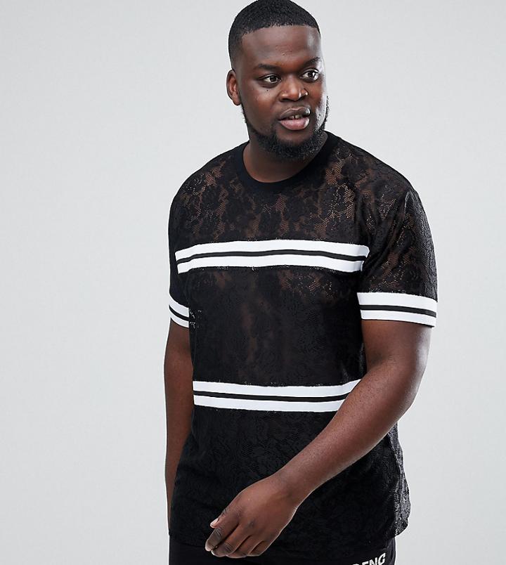Asos Plus Longline T-shirt In Lace With Monochrome Rib Taping - Black