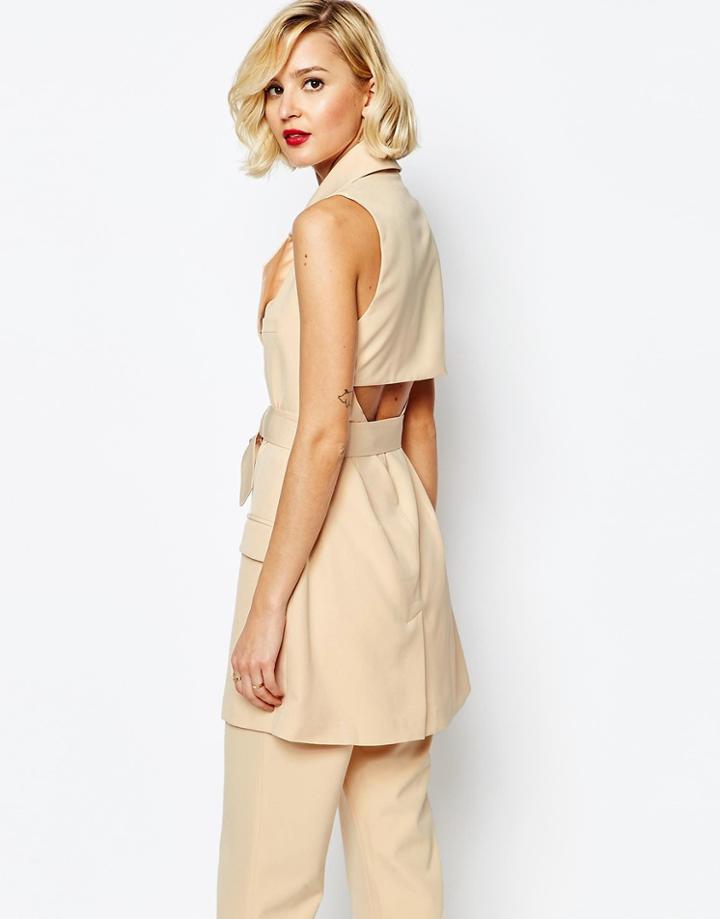 Lavish Alice Open Back Oversized D-ring Belt Sleeveless Trench Coat - Nude